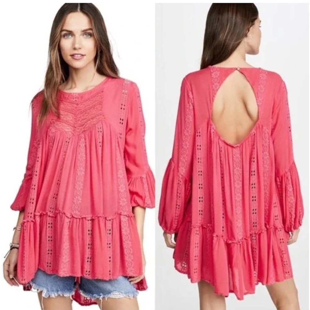Free People Women's Sweetest Dream Tunic Pink Long Sleeve Boho Size Small